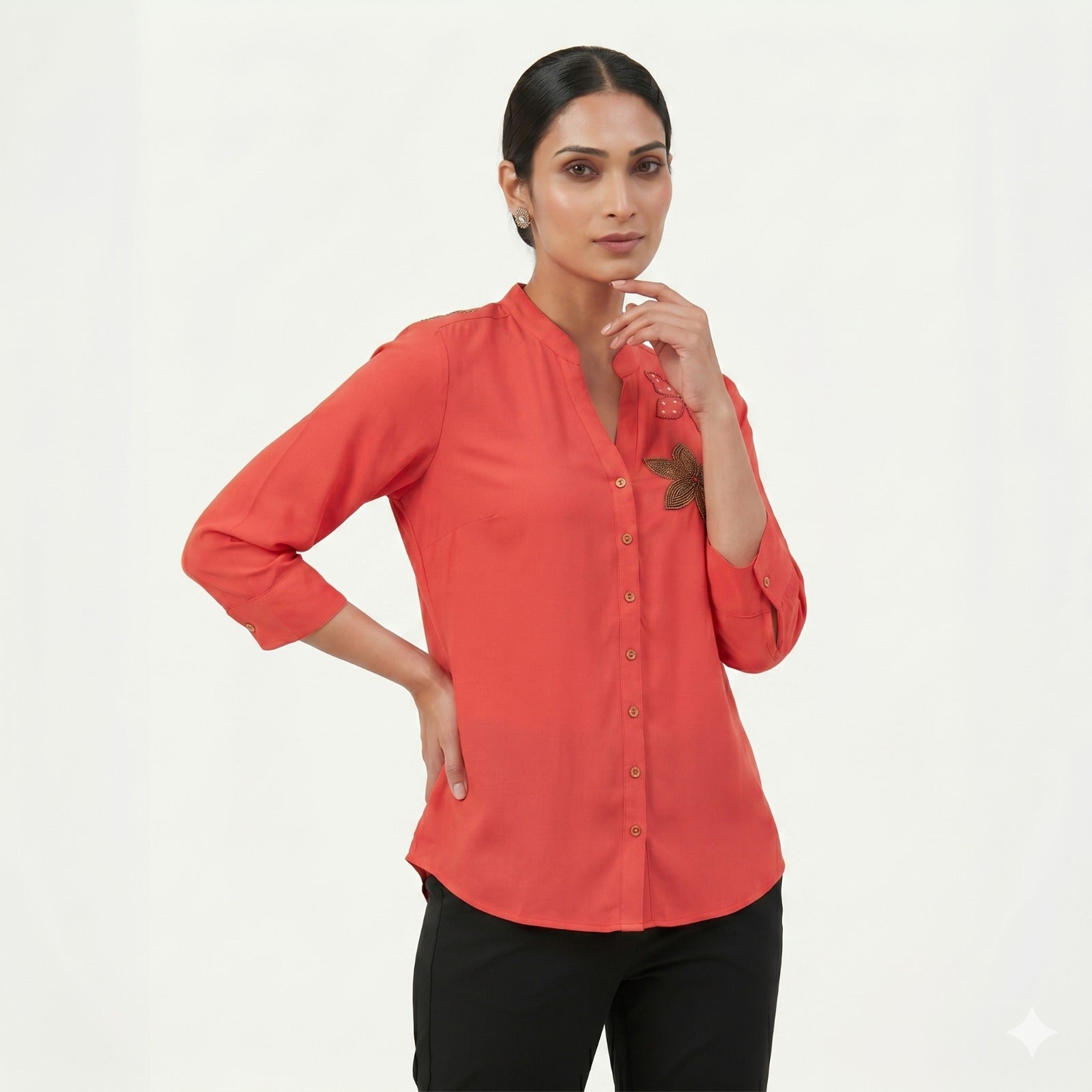 Coral Blossom Beaded Georgette Top