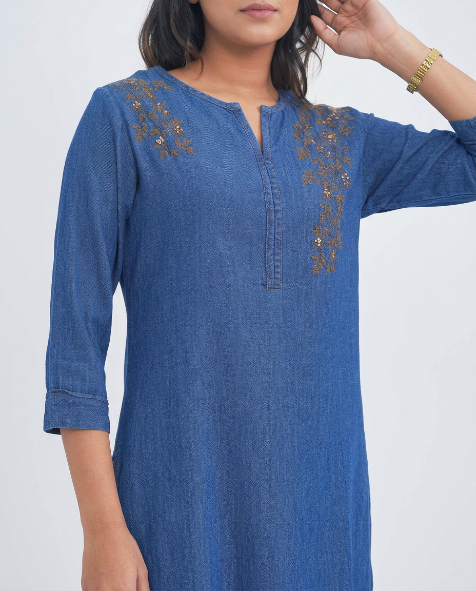 Blue Denim Golden Embroidered Cord-set