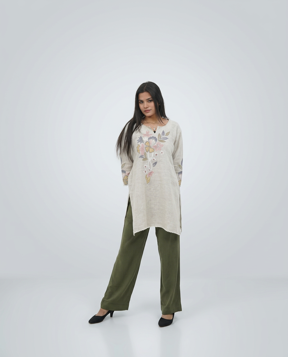 Beige linen-textured Top