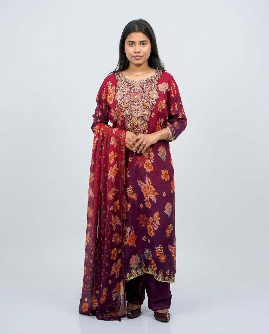Wine-Toned Muslin Kurta Set