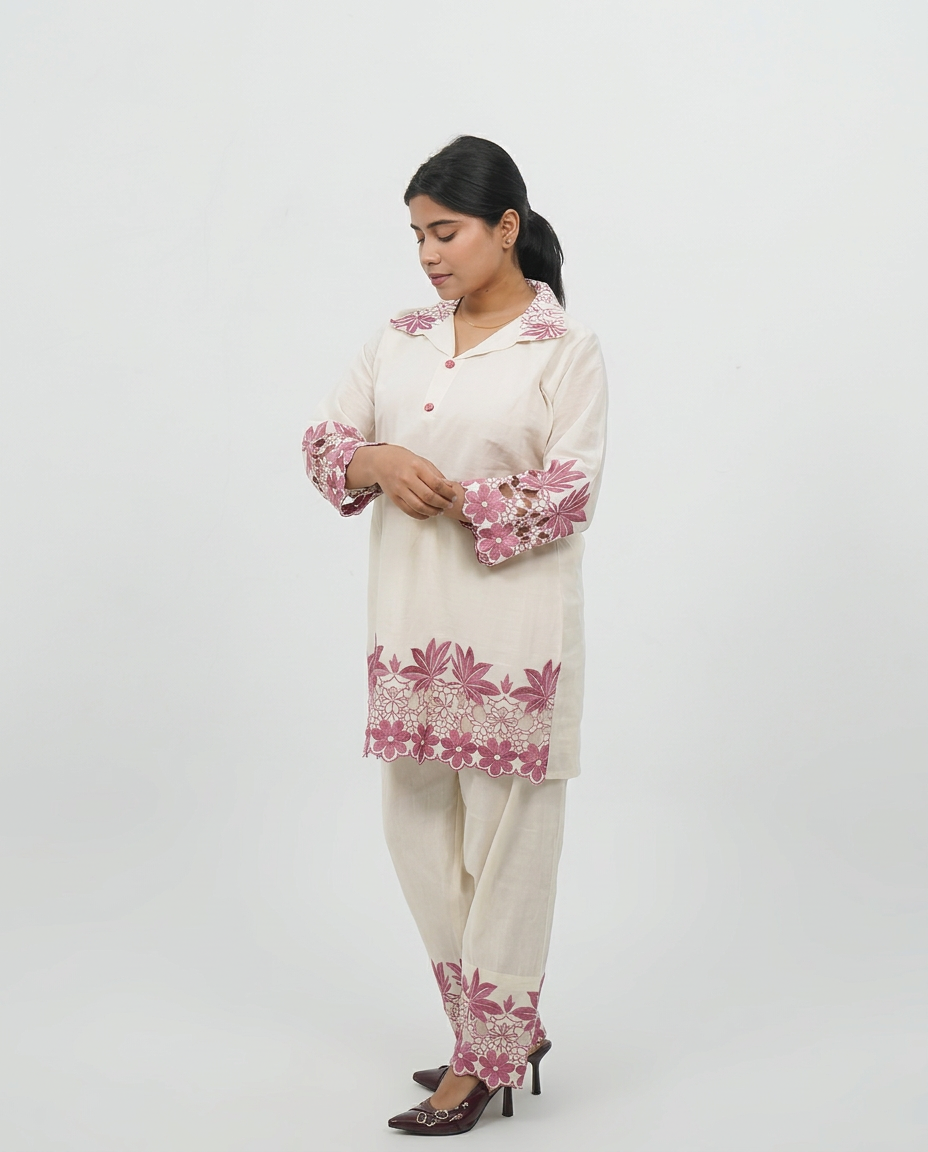 Off-White Embroidered Shirt Cord-set