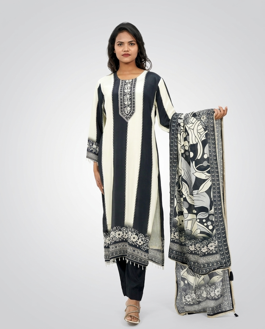 Cream and Black crepe Kurta Set