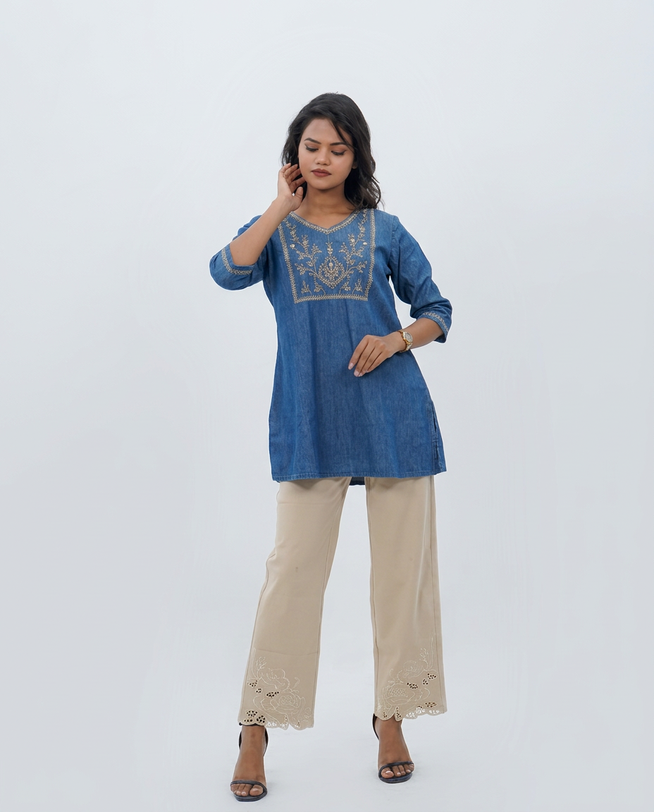 Denim-Base Embroidered Top