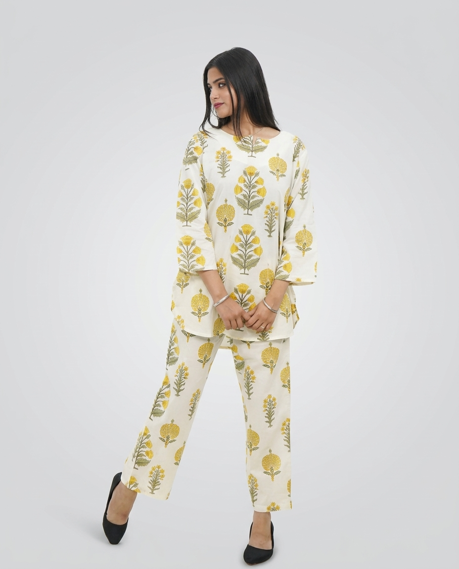 White Cotton Floral Cord-set