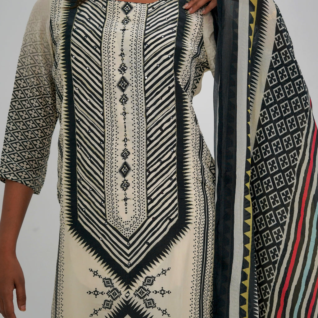 Cream and Black crepe Kurta Set