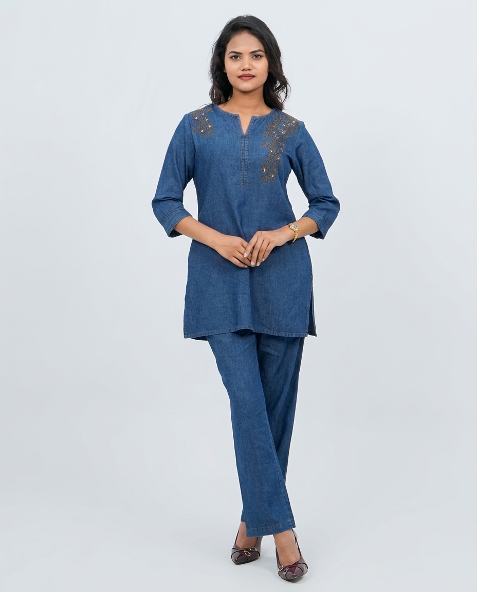 Blue Denim Golden Embroidered Cord-set