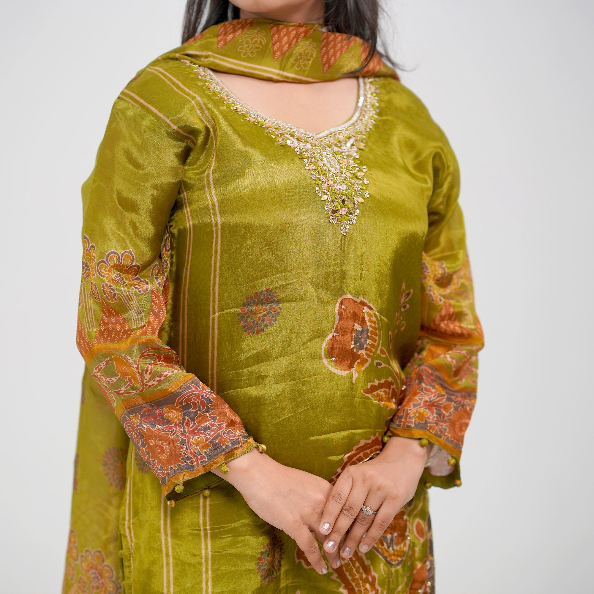 Olive Green Crepe-Blend Kurta Set