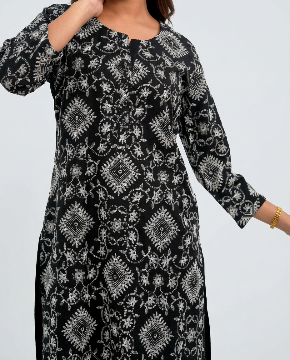 Black Muslin Embroidered Kurta set