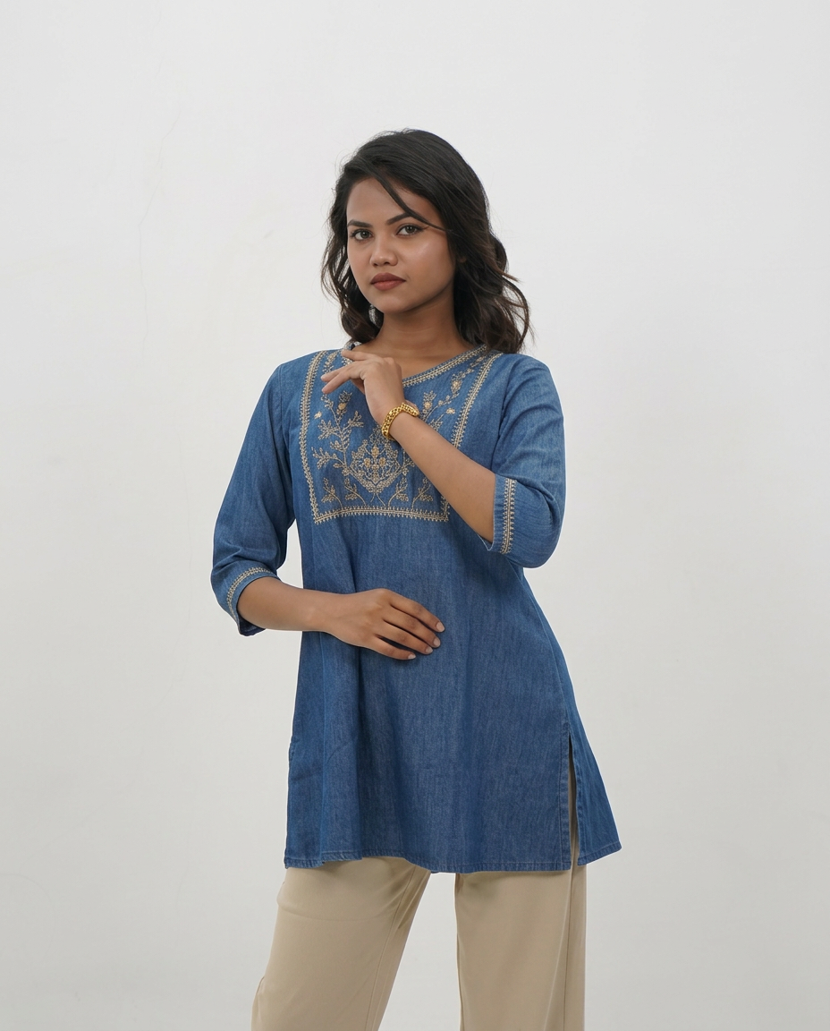 Denim-Base Embroidered Top