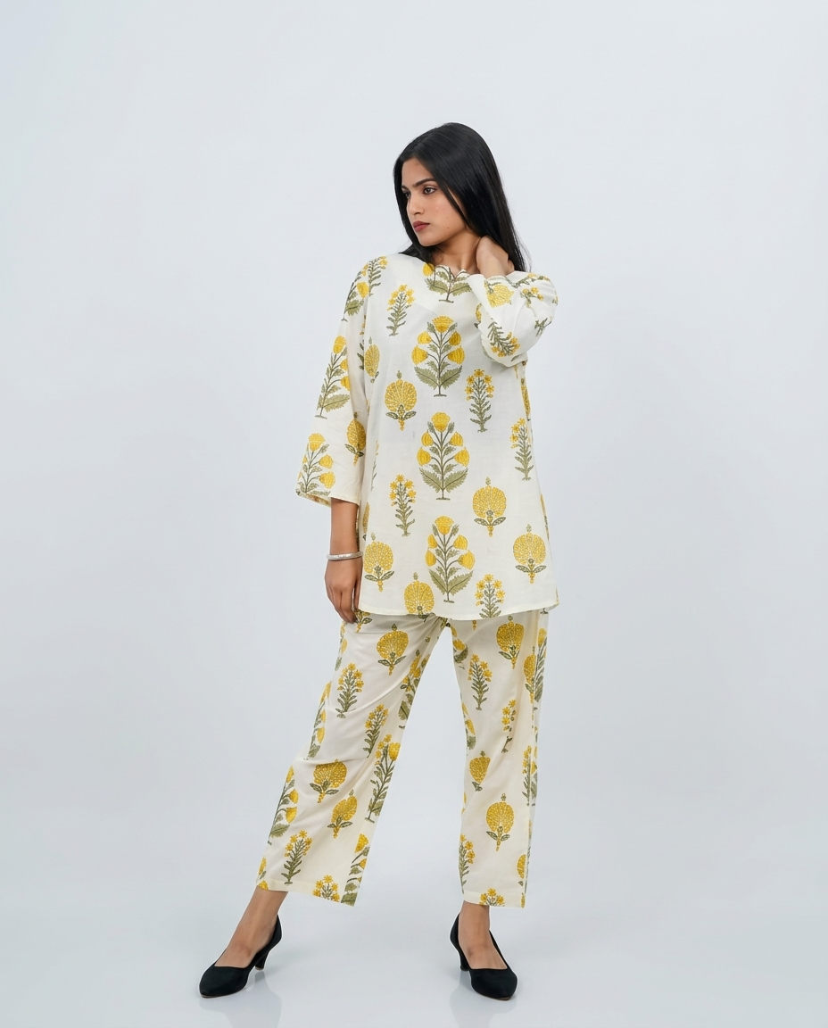 White Cotton Floral Cord-set