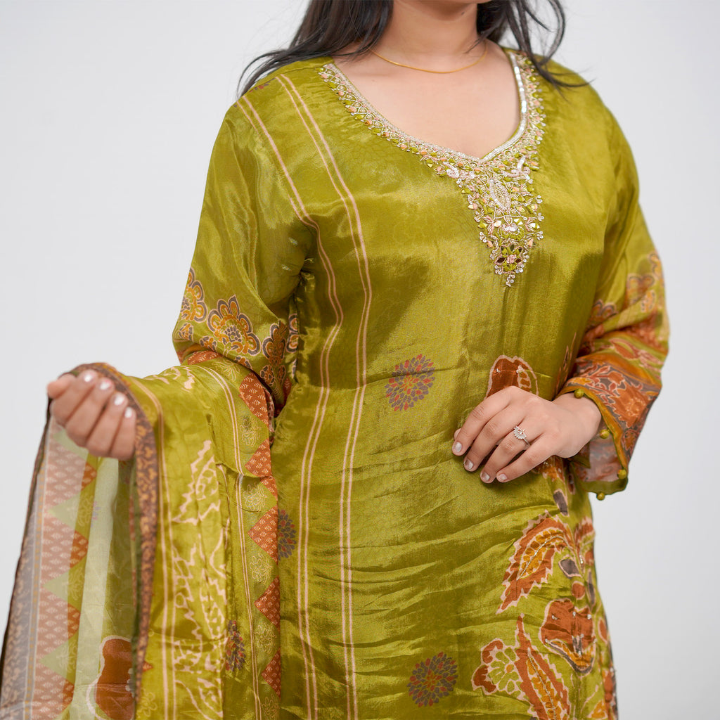 Olive Green Crepe-Blend Kurta Set