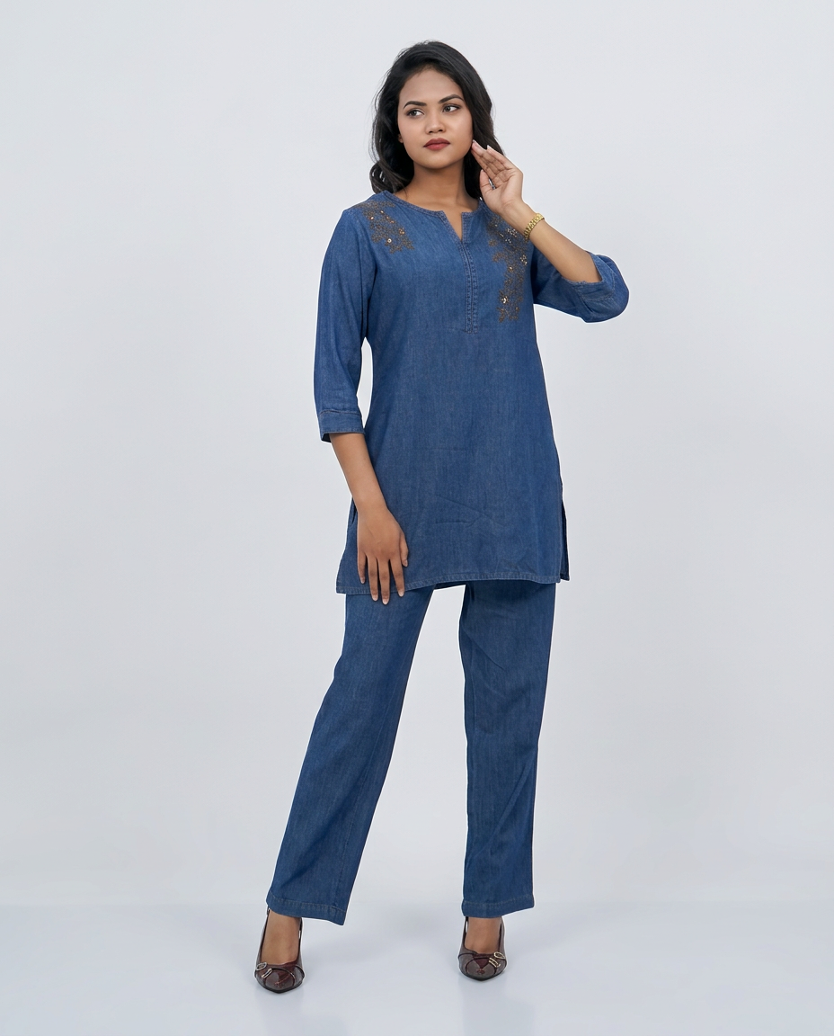 Blue Denim Golden Embroidered Cord-set