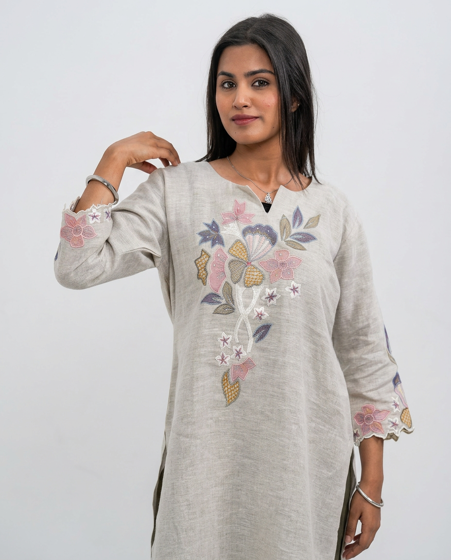 Beige linen-textured Top