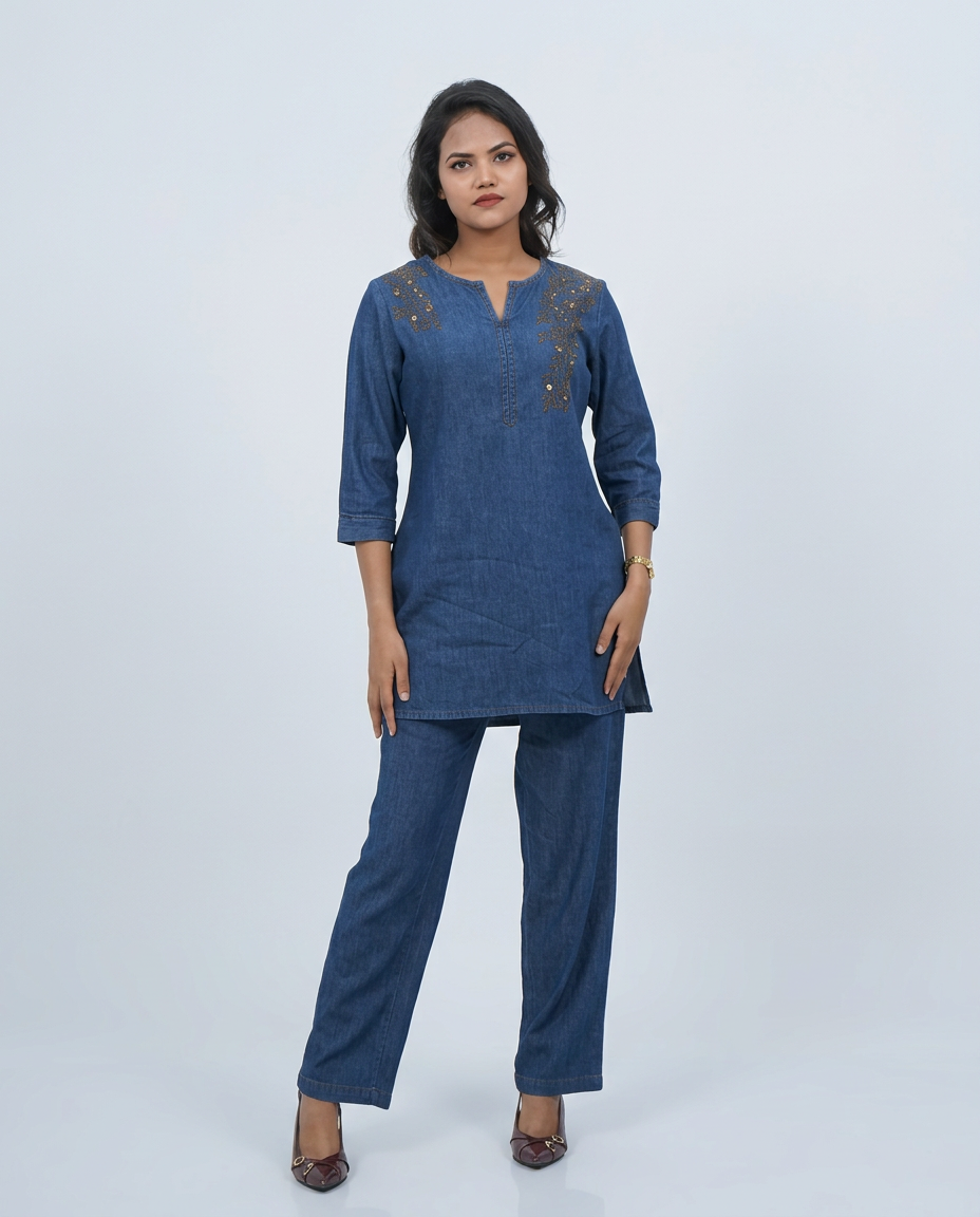 Blue Denim Golden Embroidered Cord-set