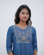 Denim-Base Embroidered Top