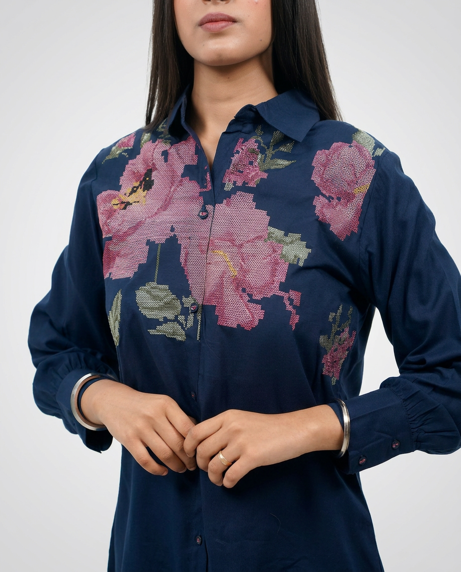Navy Cotton Collar Top