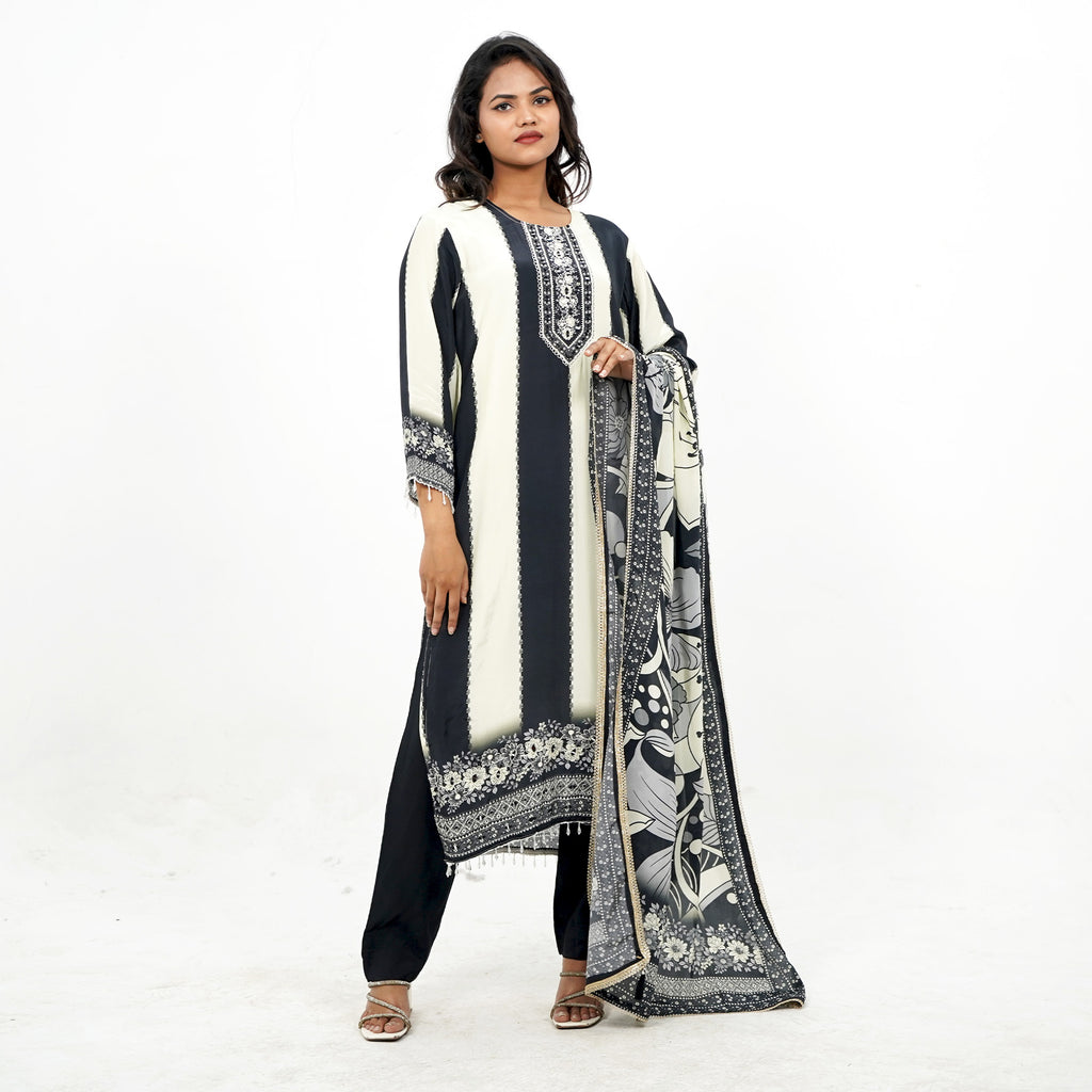 Cream and Black crepe Kurta Set
