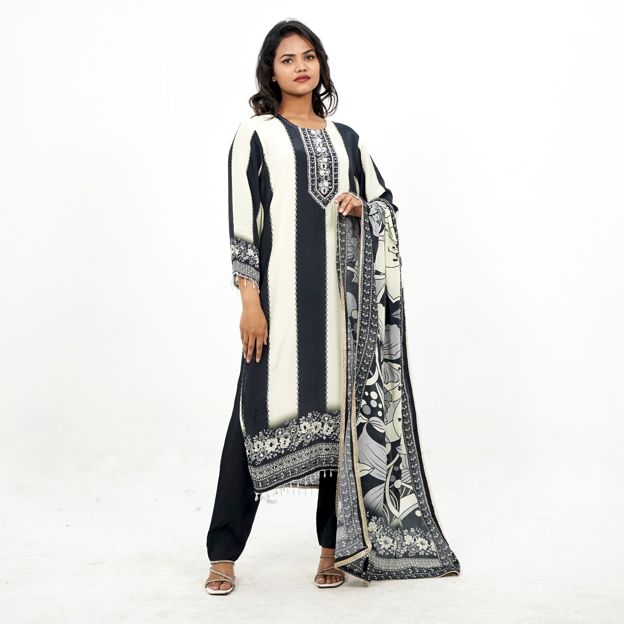 Cream and Black crepe Kurta Set