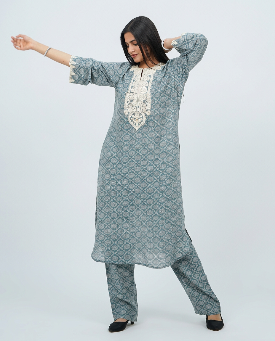 Teal-Blue Lace Ensemble Kurta set