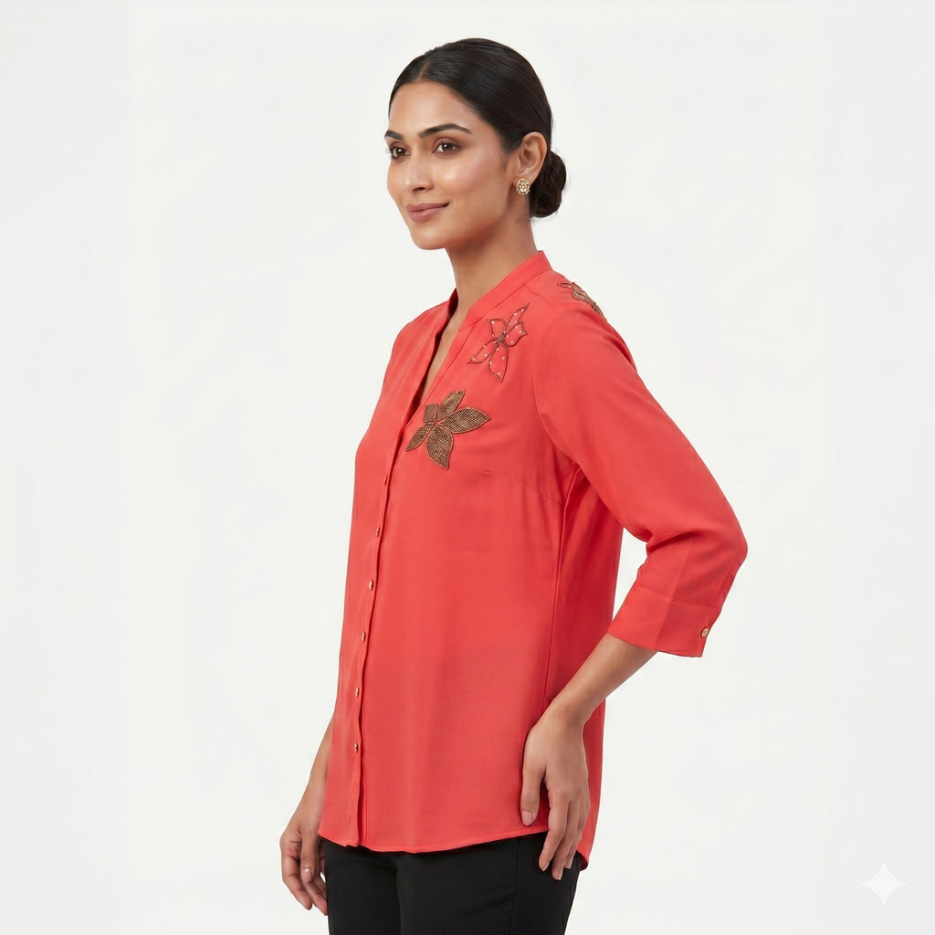 Coral Blossom Beaded Georgette Top