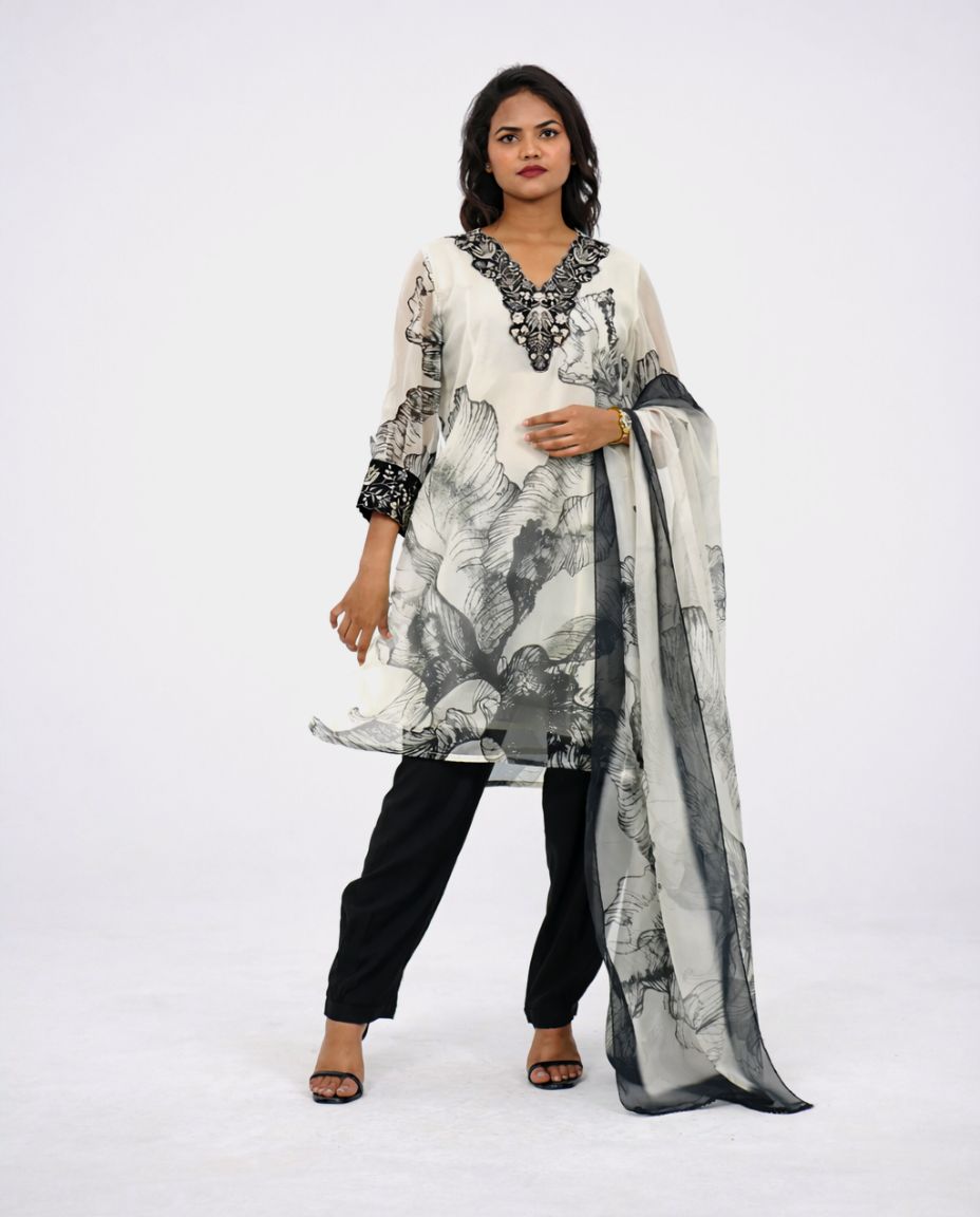 white & Black Kurta set