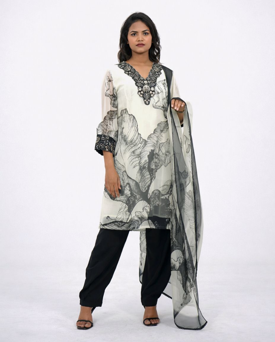 white & Black Kurta set