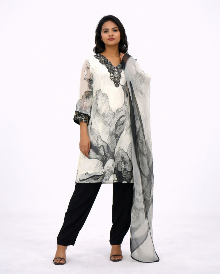 white & Black Kurta set