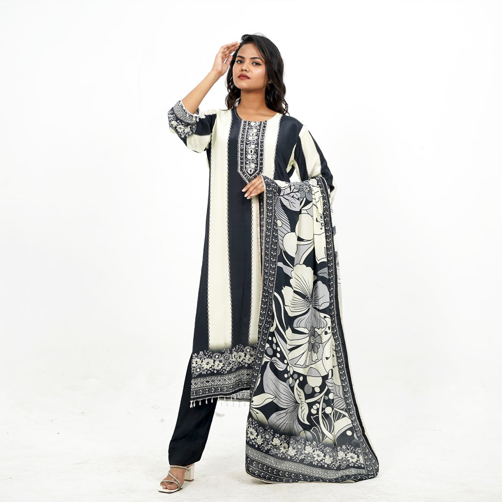 Cream and Black crepe Kurta Set