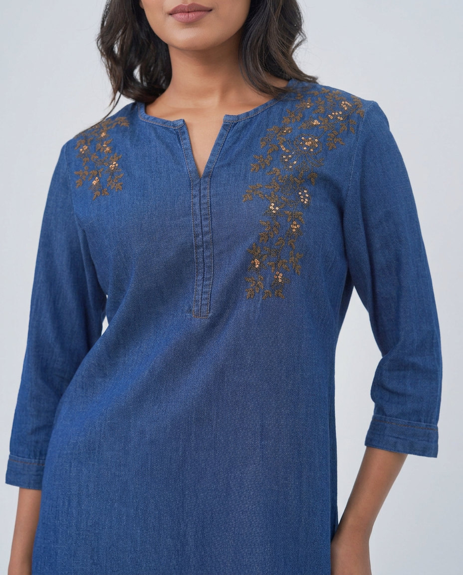 Blue Denim Golden Embroidered Cord-set