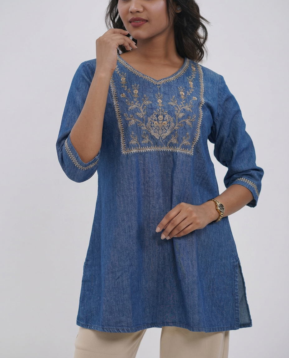 Denim-Base Embroidered Top