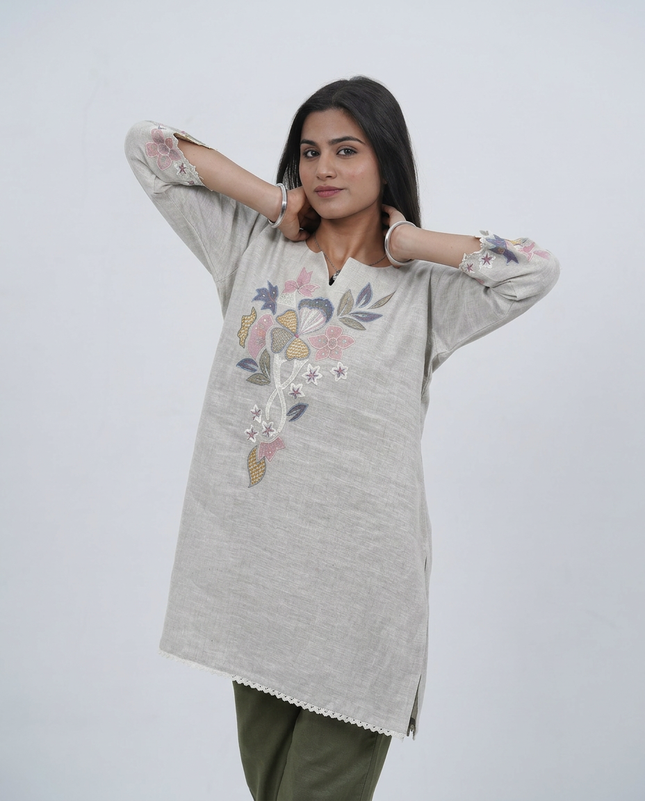 Beige linen-textured Top