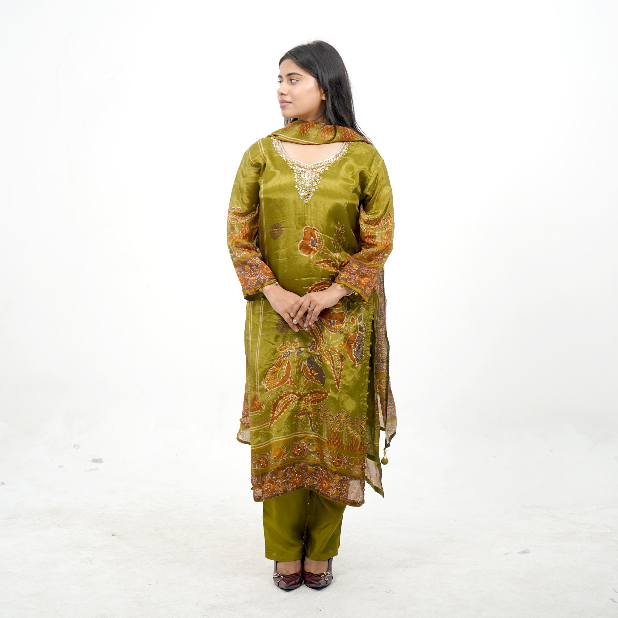Olive Green Crepe-Blend Kurta Set