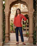 Vibrant Coral Hand-Embellished Top