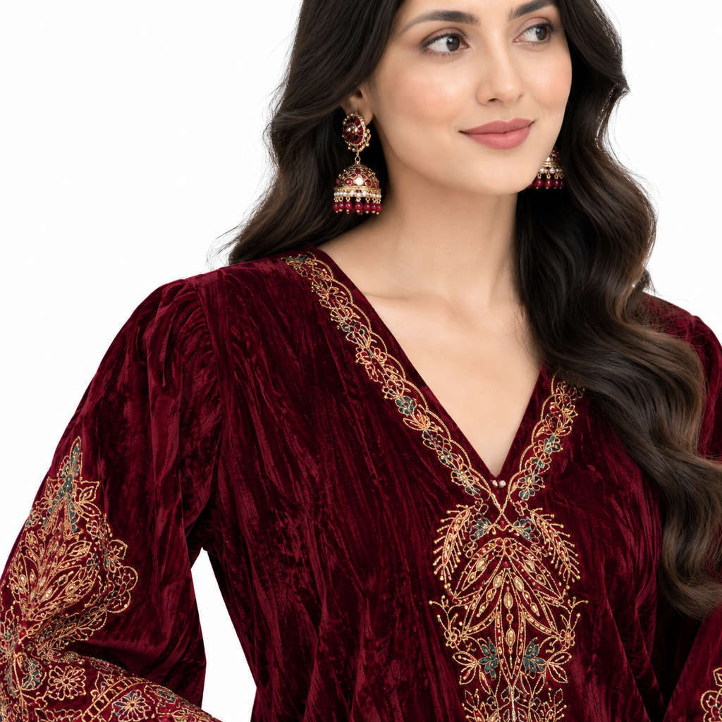 Royal Maroon Velvet Embroidered Cord-set