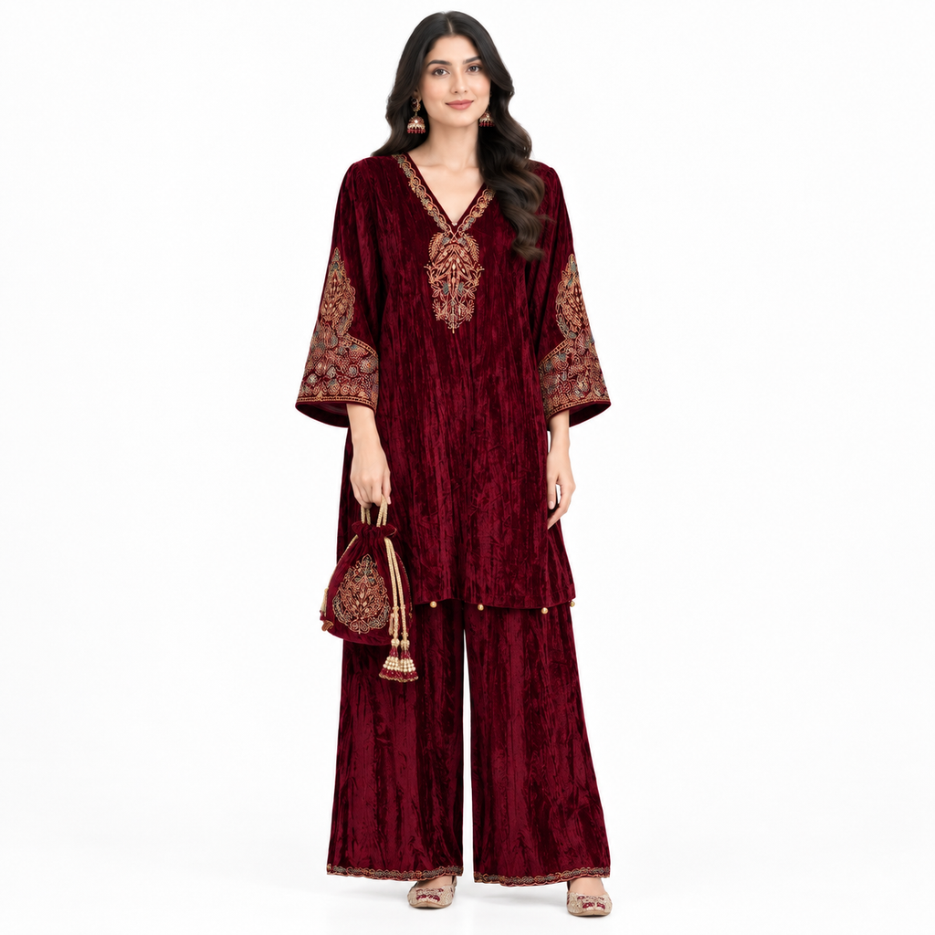 Royal Maroon Velvet Embroidered Cord-set