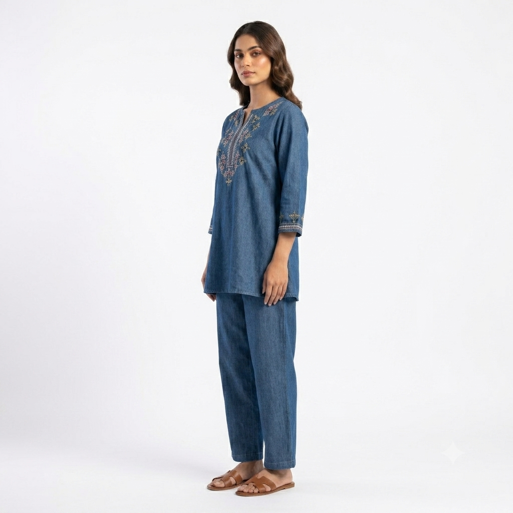 Indigo Motif Embroidered Denim Cord-set