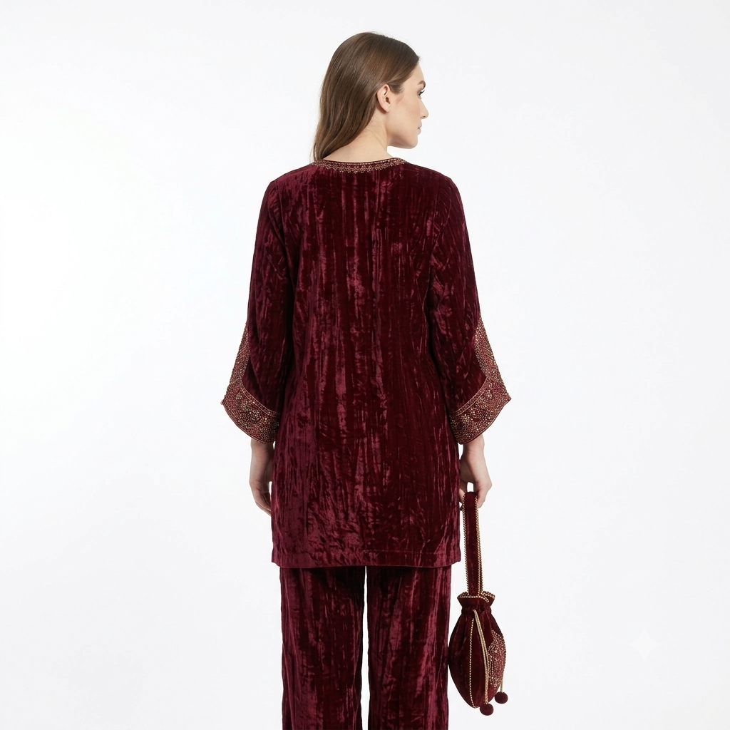 Royal Maroon Velvet Embroidered Cord-set
