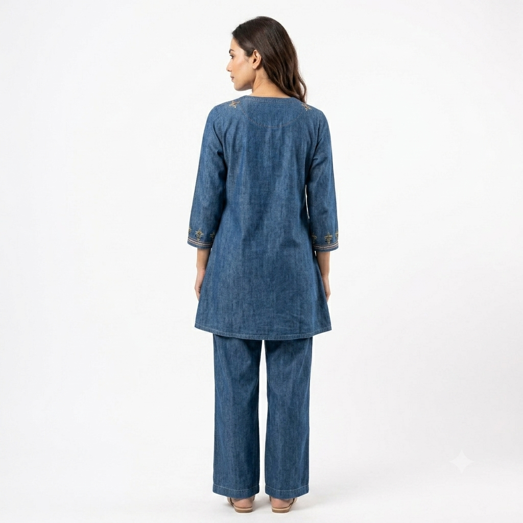 Indigo Motif Embroidered Denim Cord-set