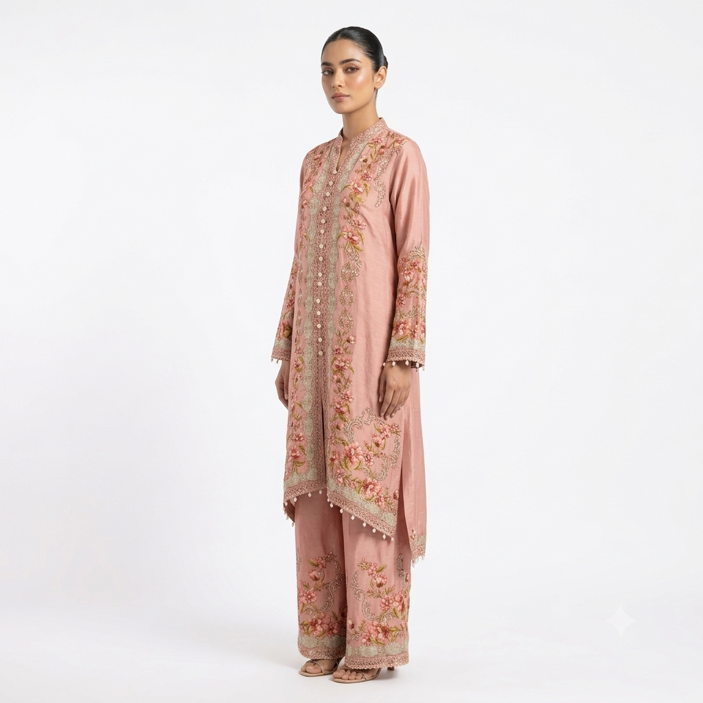 Blush Peach Embroidered Asymmetric Cord-set
