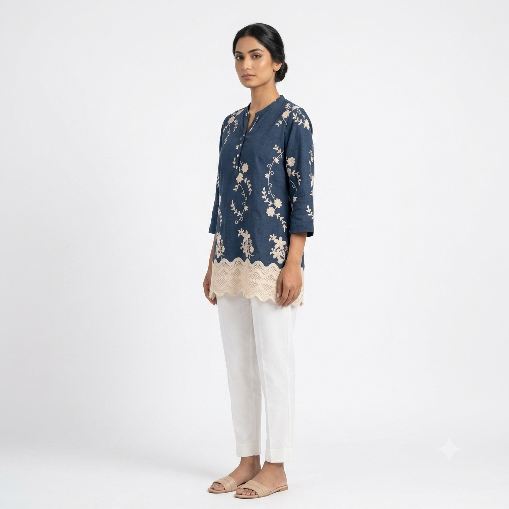 Indigo Floral Embroidered Top