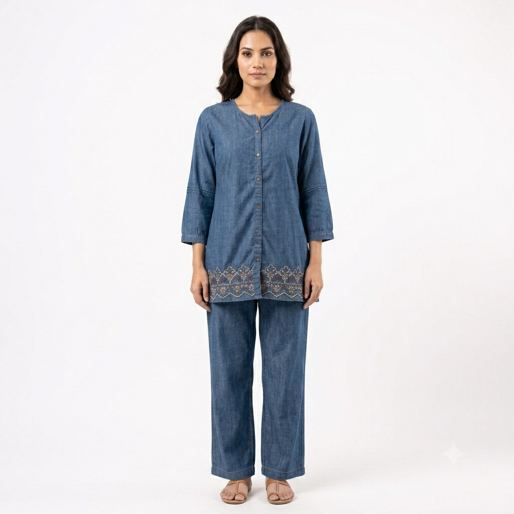 Scalloped Cutwork Embroidered Denim Cord-set