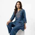 Indigo Motif Embroidered Denim Cord-set