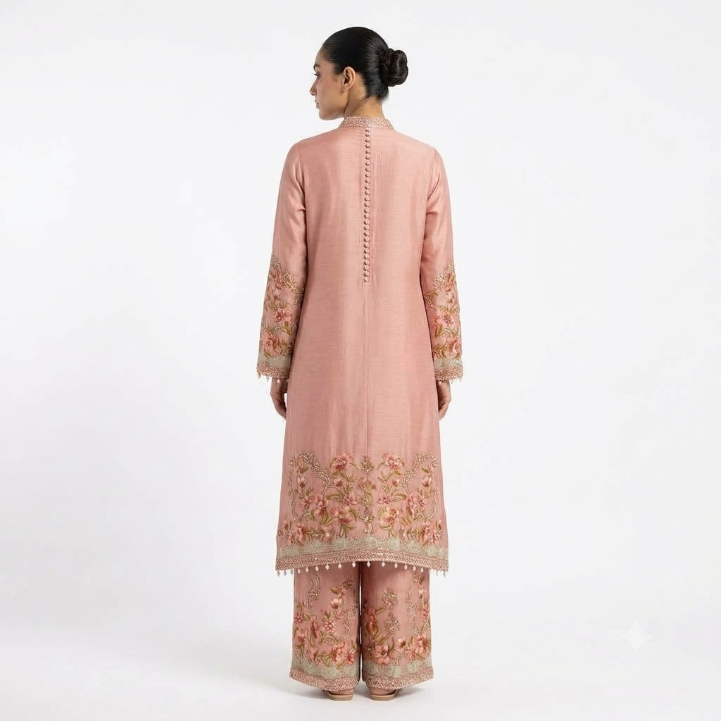 Blush Peach Embroidered Asymmetric Cord-set