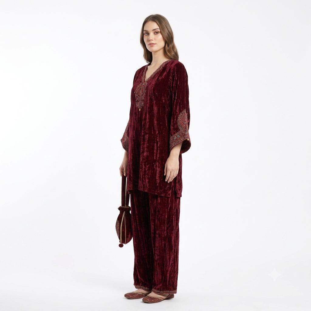 Royal Maroon Velvet Embroidered Cord-set