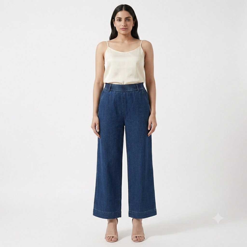 Elastic-Waist Wide Leg Ankle  Bottom