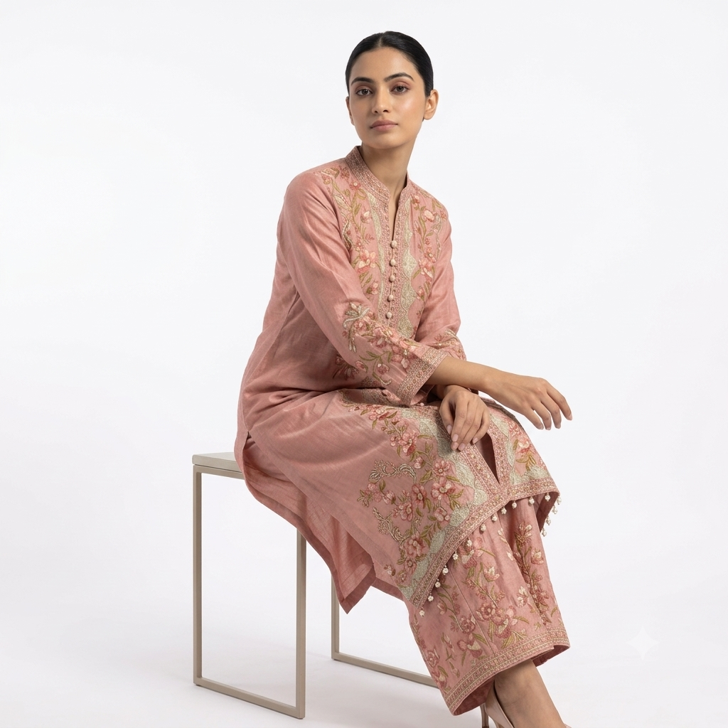 Blush Peach Embroidered Asymmetric Cord-set