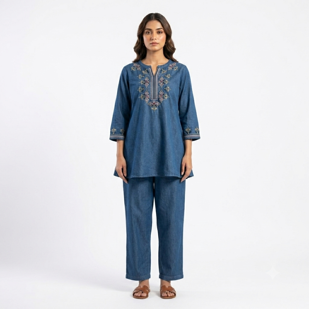 Indigo Motif Embroidered Denim Cord-set