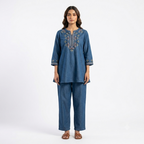 Indigo Motif Embroidered Denim Cord-set