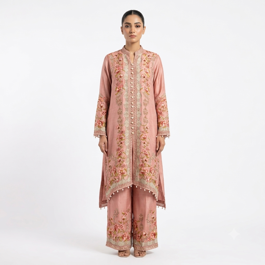 Blush Peach Embroidered Asymmetric Cord-set