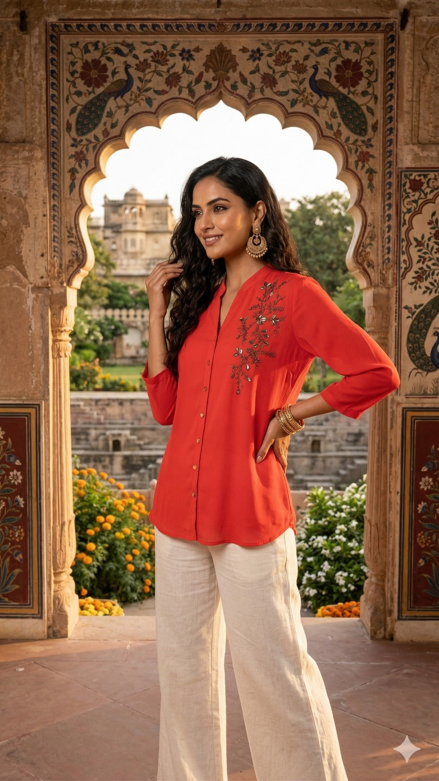 Vibrant Coral Hand-Embellished Top
